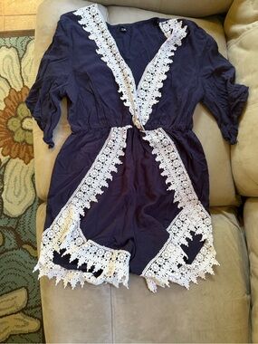 Choies Navy Romper with White Crochet Trim